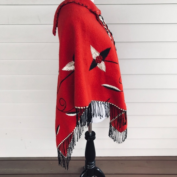 Vintage Red Wool Embroidered Poncho Cape - Picture 4 of 8